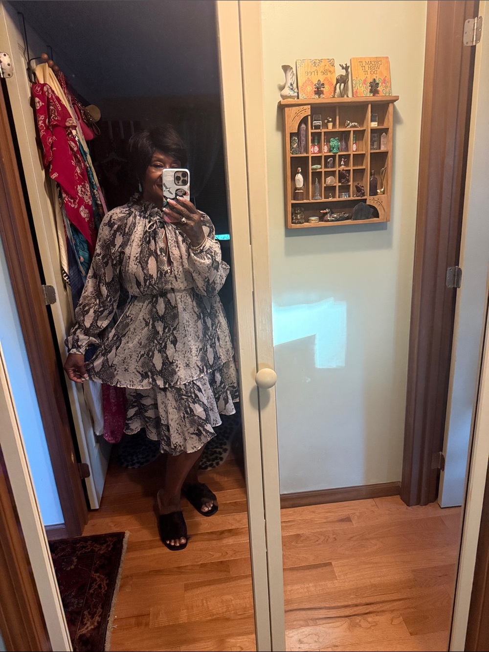 Women's Black & White Snake Print Ruffled Dress